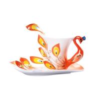 Crepundia Taza y Plato para Café, Creativo 3D Hechos a mano de esmalte porcelana del pavo real taza Café con plato y cuchara cerámica Presente té agua regalo(175ml,Orange)