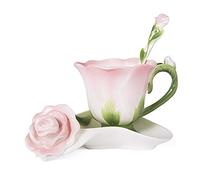 Crepundia Taza y Plato para Café, Forma 3D Rose flor del esmalte de cerámica taza café y platillo té Cuchara alto grado porcelana creativa San Valentín regalo diseño(Pink)