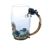 Crepundia Taza y Plato para Café, Taza de té café del esmalte 3D Rose Butterfly Copas cristal regalo boda(Blue Long Without sp)