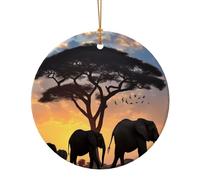 Crepúsculo en el pastizal colgantes de cerámica de forma redonda, adornos para árbol de Navidad, adornos de cerámica para decoración festiva