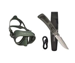 Cressi Calibro Máscara polyvalent para Buceo, apnea Avanzada y submarina Fishing, Unisex Adulto, Verde, Talla única + RC555000 Vigo - Cuchillo de Buceo, Color Negro y Gris