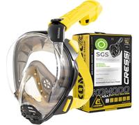 Cressi desde 1946 - Komodo Full Face Máscara Integral Seca para Snorkel Visión de 180° - CO2 Seguro - Silicona 100% Antivaho - Tubo Lateral - Correas Elásticas Ajustables - Negro/Amarillo - S/M