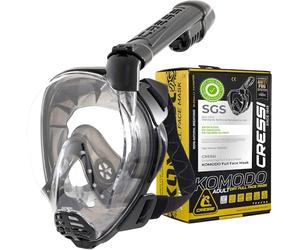 Cressi desde 1946 - Komodo Full Face Máscara Integral Seca para Snorkel Visión de 180° - CO2 Seguro - Silicona 100% Antivaho - Tubo Lateral - Correas Elásticas Ajustables - Negro/Negro - S/M