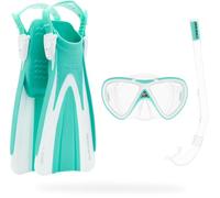 CRESSI Seashell Seekers Set de Snorkel Niños con Aletas Spy, Máscara Mini Peg y Tubo Mini Island, Verde Agua/Blanco, S/M (2/7 Anos)