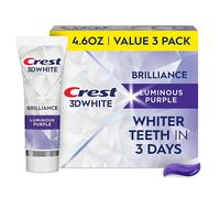 Crest Pasta dental blanqueadora 3D Blanca Brilliance Luminous Purple, paquete de 3 unidades, 142 g, pasta de dientes anticaries de fluoruro, combate un 100% más de manchas superficiales, prevención