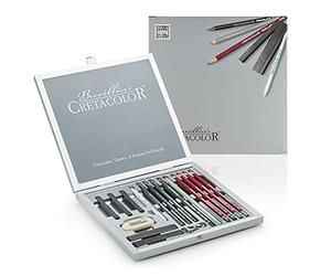 CRETACOLOR Estuche de artista Silver Box Estuche de dibujo de grafito de 17 piezas, en exclusiva caja de madera, estuche de alta calidad, diversos materiales de dibujo, in oma de borrar
