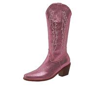 CRETUAO 11Botas Vaqueras para Mujer,Botas Vaqueras Media Pantorrilla con tacón Bloque Bordado Retro,Botas Altas hasta la Rodilla Pantorrilla Ancha Rosa Brillante con Punta Puntiaguda,Rosado,39 EU