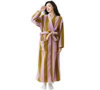 CRETUAO Bata larga de felpa a rayas de colores para mujer Albornoz spa forro polar coral suave y absorbente Abrigo felpa cálido y bonito,Rosado,XL