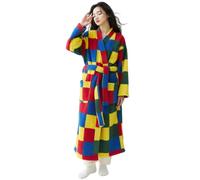 CRETUAO Bata larga de felpa a rayas de colores para mujer Albornoz spa forro polar coral suave y absorbente Abrigo felpa cálido y bonito,Grid,L