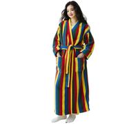 CRETUAO Bata larga de felpa a rayas de colores para mujer Albornoz spa forro polar coral suave y absorbente Abrigo felpa cálido y bonito,Stripes,L