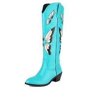 CRETUAO Botas Altas hasta la Rodilla Occidentales Bordadas Mujer,Botas largas tacón Grueso con Punta Puntiaguda a la Moda,Botas Vaqueras tacón Medio con Mariposa clásica Retro,Azul,41 EU