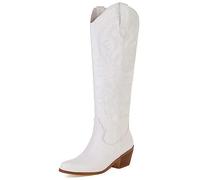CRETUAO Botas Altas hasta la Rodilla Occidentales Bordadas Mujer,Botas largas tacón Grueso con Punta Puntiaguda a la Moda,Botas Vaqueras tacón Medio con Mariposa clásica Retro,Blanco,44 EU