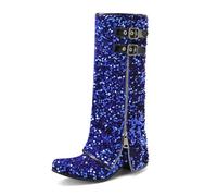 CRETUAO Botas hasta la Rodilla Lentejuelas y Purpurina para Mujer,Botas Medio pantalón Cremallera y cinturón Hebilla Moda,Botas Media Pantorrilla Vaquera Tacones Gruesos y Punta Sexy,Azul,38.5 EU