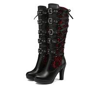 CRETUAO Botas hasta la Rodilla tacón Alto Mujer,Botas Jinete Lazo y Hebilla Remache,Botas largas tacón Alto Gruesas Sexy Steampunk,Cremallera Trasera Punta Redonda Zapatos tacón,Rojo,40 EU