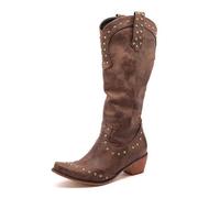 CRETUAO Botas Remache Cuero hasta la Rodilla Moda para Mujer,Botas Vaquero del Oeste Retro,Botas largas tacón Grueso con Plataforma Plana Caballero,Botas Casuales Rurales Estilo Punk,Marrón,39 EU