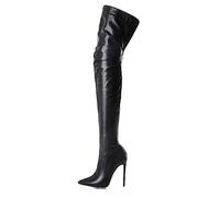 CRETUAO Botas tacón Alto por Encima la Rodilla para Mujer,Bota Larga con Cremallera en la Parte Posterior y Puntiaguda Sexy,Botas tacón Alto hasta el Muslo Talla Grande con la Moda,Negro,38 EU