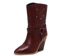 CRETUAO Botas Vaquero Media Pantorrilla para Mujer,Botines Occidentales tacón Grueso con Remache Punta en Punta Retro,Botas tacón Alto con patrón Serpiente Multicolor Moda,Wine Red,36 EU