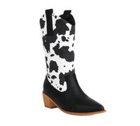 CRETUAO Botas vaquero occidentales estampado vaca retro para mujer,Botas media pantorrilla con punta puntiaguda y tacón grueso fiesta,Botas caballero sin cordones cómodas e informales,1 black,37 EU