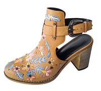 CRETUAO Botines con Bordado Floral para Mujer,Botines con Hebilla de tacón Grueso de Madera Vintage, andalias de tacón de Fiesta con Remaches de Moda Sexy,Marrón,38 EU