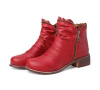 CRETUAO Botines de tacón bajo y Grueso para Mujer,Cómodos Botines de Invierno con Cremallera Lateral y Punta Redonda,Zapatos de Vestir Casuales de Cuero Vintage,Rojo,38 EU