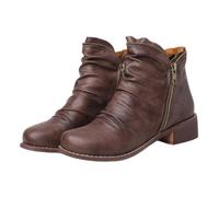CRETUAO Botines de tacón bajo y Grueso para Mujer,Cómodos Botines de Invierno con Cremallera Lateral y Punta Redonda,Zapatos de Vestir Casuales de Cuero Vintage,Marrón,38 EU