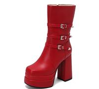 CRETUAO Botines Gruesos tacón Alto Plataforma para Mujer,Botas Sexis Hebilla cinturón y Punta Cuadrada Cremallera Lateral,Botas a Media Pantorrilla Fiesta Moda Punk Cosplay tacón Alto,Red1,46 EU