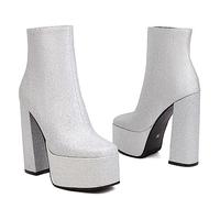 CRETUAO Botines Plataforma con Purpurina para Mujer,tacón Grueso Sexy Punta Redonda, Tacones Altos para Boda,Modelo de Moda Club Nocturno Danza Botines de tacón Alto,Plata,38 EU