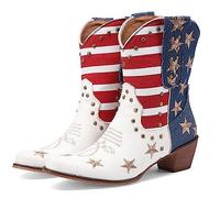 CRETUAO Botines Vaquero del Oeste Bordados Remaches para Mujer,Botas cómodas tacón bajo Punta en Punta y borlas a la Moda,Botines tacón Grueso con Bloque Color a Rayas Cinco Estrellas,Blanco,43 EU