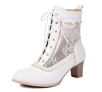 CRETUAO Botines victorianos de Encaje para Mujer, cómodos, con Punta Redonda, para Boda, Novia, tacón de Gatito, para Fiesta, Botas Retro de tacón bajo con Cordones,1 White,38 EU