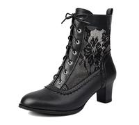 CRETUAO Botines victorianos de Encaje para Mujer, cómodos, con Punta Redonda, para Boda, Novia, tacón de Gatito, para Fiesta, Botas Retro de tacón bajo con Cordones,1 Black,39 EU