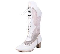 CRETUAO Botines victorianos de Encaje para Mujer, cómodos, con Punta Redonda, para Boda, Novia, tacón de Gatito, para Fiesta, Botas Retro de tacón bajo con Cordones,Blanca,41 EU
