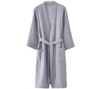 CRETUAO Gris,L, Bata de Gasa de algodón Estilo japonés para Mujer Bata de baño Tipo Kimono Ligera Suave y Fina Pijama Tipo Yukata para SPA Sauna y Ropa de Estar en Verano