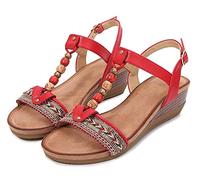 CRETUAO Sandalias de cuña de plataforma para mujer, sandalias bohemias con cuentas vintage para mujer, tacón bajo de cuña media, hebilla con tiras y hebilla, Rojo, 39 EU