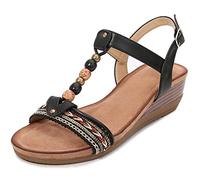 CRETUAO Sandalias de cuña de plataforma para mujer, sandalias bohemias con cuentas vintage para mujer, tacón bajo de cuña media, hebilla con tiras y hebilla, Negro, 36 EU