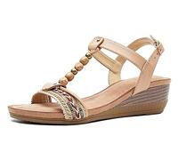 CRETUAO Sandalias de cuña de plataforma para mujer, sandalias bohemias vintage con cuentas para mujer, tacón de cuña bajo y medio, hebilla trasera con tirantes, zapatos de verano, Albaricoque, 38 EU