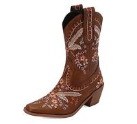 CRETUAO Stivali da Cowgirl ricamati da Donna,Stivali Western con Tacco Basso e Grosso Floreale Classico,Stivali da sposa a metà polpaccio con Punta a Punta Larga,Marrón,42 EU