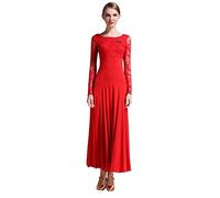 CRETUAO Vestido Baile Lujo para Mujer Vestido competición Baile salón Encaje Manga Larga Flamenco español Moderno Clásico Latino Salsa Tango Rumba Trajes Rendimiento de Baile,Rojo,M