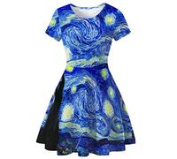 CRETUAO Vestido de Cuello Redondo con Estampado Digital 3D para Mujer Falda Plisada de Fiesta de Arte Creativo,Van Gogh,L