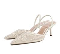 CRETUAO Zapatos de tacón de Aguja con Tira Trasera y Lazo para Mujer, Tacones de Gatito con Cuentas Bordadas de Malla y Punta Puntiaguda, Zapatos de Fiesta Nupcial para Boda,1 White,39 EU