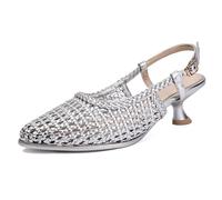 CRETUAO Zapatos tacón bajo Trenzado para Mujer,Sandalias destalonadas Malla Punta Puntiaguda y tacón bajo.Preciosos Zapatos Vestir Verano con Punta Puntiaguda para Bodas y Fiestas,Plata,43.5 EU