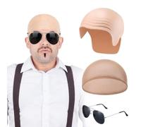 Cretvestsar 4 gorras calvas para adultos, disfraz de Pitbull, Mr Worldwide | Kit de disfraces, juego de accesorios realistas para cosplay con red para el pelo, gafas de sol, parche de alma para fiestas