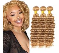 Creuost #27 Honey Blonde Cabello humano Bundles Double Weft Deep Wave Extensions With Minimal Tangle Unprocessed Brazilian Virgin Remy Hair Extension Soft and Silky For Women 14 14 14 Pulgada