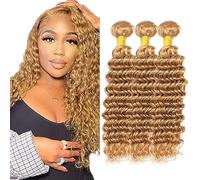 Creuost #27 Honey Blonde Cabello humano Bundles Double Weft Deep Wave Extensions With Minimal Tangle Unprocessed Brazilian Virgin Remy Hair Extension Soft and Silky For Women 18 18 18 Pulgada