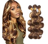 Creuost 28 30 32 Inch Bundles Human Hair Extension Body Wave Bundles Unprocessed Brazilian Virgin Hair p4/27 Highlight Brown Minimal detachment For Women 3 Bundles Total 300g