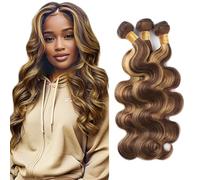 Creuost 30 32 34 Inch Bundles Human Hair Extension Body Wave Bundles Unprocessed Brazilian Virgin Hair p4/27 Highlight Brown Minimal detachment For Women 3 Bundles Total 300g
