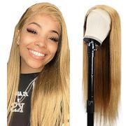 Creuost 30 Inch 4x4 Swiss Lace Frontal Human Hair Wig Suiza encaje peluca de pelo real Sra Straight 150% Density #27 Honey Blonde Brazilian Virgin Hair Pre Plucked Baby Hair Minimal Tangle