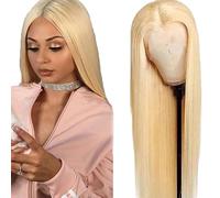 Creuost 32 Inch 4x1 Swiss Lace Frontal Human Hair Wig Suiza encaje peluca de pelo real Sra Straight 150% Density #613 Light Blonde Brazilian Virgin Hair Pre Plucked Baby Hair Minimal Tangle