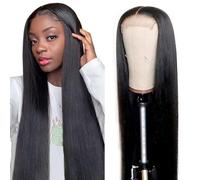 Creuost 32 Inch Echthaar Perücke Straight 4X1 Swiss Spitze Lace Frontal Human Hair Wig Perrucas Para Mujer Unprocessed Brazilian Virgin Hair Pre Plucked With Natural Hairline 1B Natural Black