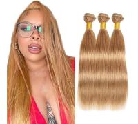 Creuost 34 34 34 pulgadas, extensiones de cabello humano, extensiones de cabello humano para mujer, peluca para mujer, sin procesar, tejido virgen brasileño, #27, rubio miel, 3 paquetes, total 300 g