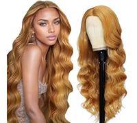 Creuost 34 Inch 4x1 Swiss Lace Frontal Human Hair Wig Suiza encaje peluca de pelo real Sra Body Wave 150% Density #27 Honey Blonde Brazilian Virgin Hair Pre Plucked Baby Hair Minimal Tangle